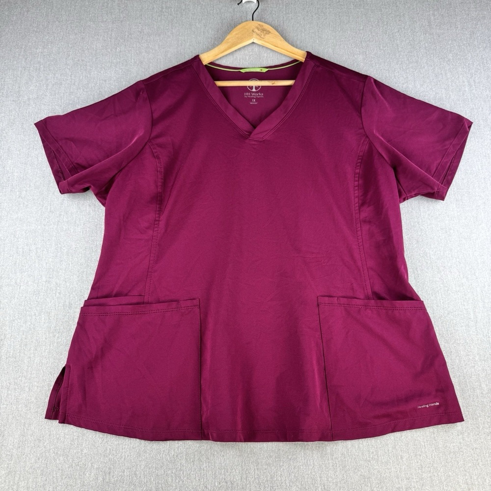HH Works Scrub Top Women 1X Burgundy Stretch V Neck Medical‎ Uniform